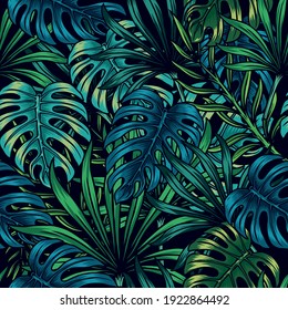 Vintage tropical floral seamless pattern with green palm and monstera leaves vector illustration