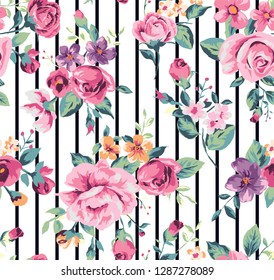 vintage tropical flower pattern with stripe background - Vector