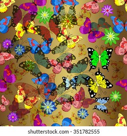 vintage tropical flower pattern vector with shadows on golden gradient background