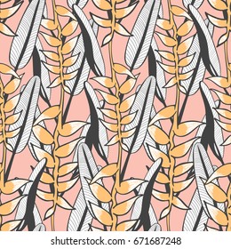 Vintage tropical flower pattern vector seamless with heliconia. Trendy nature background. Exotic print design for spa wallpaper, wrapping paper, fashion fabric or cosmetic package.