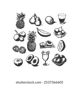 Vintage tropische Obstkollektion im Line Art Stil, mit Ananas, Banane, Papaya, Passionsfrucht und Lychee. Perfekt für Lebensmittelverpackungen, umweltfreundliches Branding und kulinarisches Design