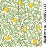 Vintage tropical fruit seamless pattern on light background. Lemons in foliage. Middle ages William Morris style. Vector illustration