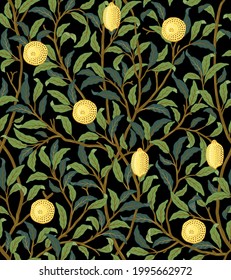 Vintage tropical fruit seamless pattern on dark background. Lemons in foliage. Middle ages style. Vector illustration