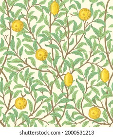 Vintage Tropical Fruit Seamless Pattern On Light Background. Lemons In Foliage. Middle Ages William Morris Style. Vector Illustration