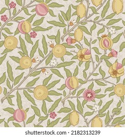 Vintage Tropical Fruit Seamless Pattern On Light Background. Middle Ages William Morris Style. Vector Illustration