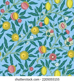 Vintage Tropical Fruit Seamless Pattern On Light Blue Background. Vector Illustration