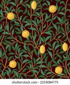 Vintage tropical fruit seamless pattern on dark background. Lemons in foliage. Middle ages William Morris style. Vector illustration