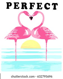 Vintage Tropical Graphic. Summer Graphic. Flamingo Bird. Romantic Artwork.Vector Illustration. Apparel Print