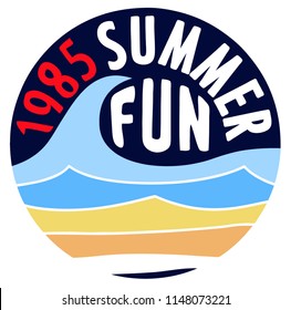 Vintage Tropical Graphic. Summer Graphic. Ocean Waves. Lettering ' 1985 - summer fun' Vector Illustration. Apparel Print