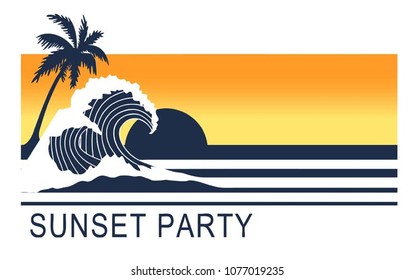 Vintage Tropical Graphic. Summer Graphic. Palm trees.Ocean wave. Sunset Print Lettering ' Sunset Party ' Vector Illustration. Apparel Print