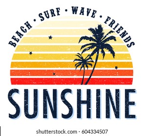 Vintage Tropical Graphic. Summer Graphic. Palm trees. Lettering ' Sunshine' Vector Illustration. Apparel Print