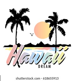 Vintage Tropical Graphic. Summer Graphic. Palm trees. Lettering ' Hawaii Dream' Vector Illustration. Apparel Print. t shirt print