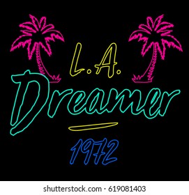 Vintage Tropical Graphic. Summer Graphic. Palm trees. Lettering ' L.A. Dreamer ' Vector Illustration. Apparel Print. t shirt print
