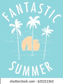 Vintage Tropical Graphic. Summer Graphic. Palm trees. Lettering 'Fantastic Summer'' Vector Illustration. Apparel Print