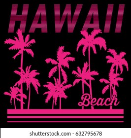 Vintage Tropical Graphic. Summer Graphic. Palm trees. Lettering ' Hawaii Beach' Vector Illustration. Apparel Print