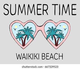 Vintage Tropical Graphic. Summer Graphic. Palm trees with sun glasses. Lettering ' Summer Time  ' Vector Illustration. Apparel Print