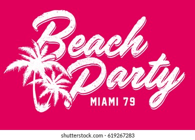 Vintage Tropical Graphic. Summer Graphic. Script Typography with Palm trees. Lettering ' Beach Party ' Vector Illustration. Apparel Print