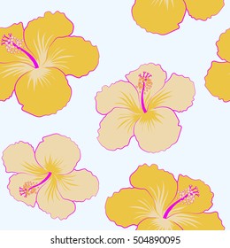 Vintage tropical hibiscus flowers vector pattern on neutral background in two colors.