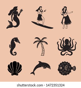 Vintage Tropical Icon Illustrations - Set of 9 tropical hand drawn icons in a timeless style. Each icon has a rough, vintage texture.