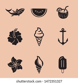 Vintage Tropical Icon Illustrations - Set Of 9 Tropical Hand Drawn Icons In A Timeless Style. Each Icon Has A Rough, Vintage Texture.