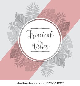 Vintage tropical label with palm leaves. For invitation, greeting card, poster, package and more. Vector illustration.
