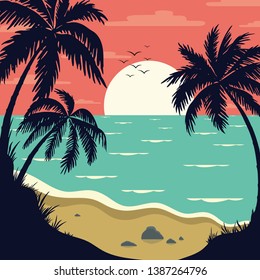 Vintage tropical  landscape with  palm branches. Seascape with tropical plants. Tourism and travelling. Vector flat design