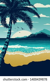 Vintage tropical  landscape with  palm. Seascape with tropical plants. Tourism and travelling. Vector flat design