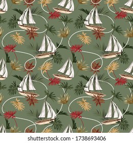 Vintage tropical leaves ,boat,and sailor rope seamless pattern in vector EPS10 hand drawn style,Design for fashion,fabric,web,wrapping,wallapaper,textile and all prints on retro green background