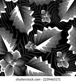 vintage Tropical leaves hand drawn seamless pattern with monochromatic palm leaf and flowers plants foliage on dark background. Floral background. Exotic wallpaper. prints textile. autumn. summer
