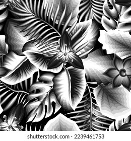 vintage tropical leaves seamless background with monochromatic flowers plant and foliage on dark backgrond. Floral background. Exotic tropic. Summer design. palm leaf ornaments. interior design decor