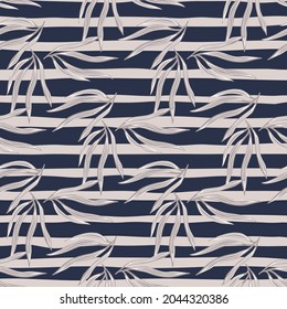 Vintage tropische Blätter halbloses Muster. Tropisches Blatt auf Streifen-Hintergrund. Exotische hawaiianische Tapete. Design für Stoff, Stoffdruck, Umhüllung, Abdeckung. Vektorgrafik.