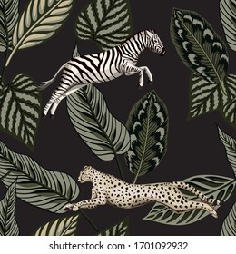 Vintage tropical leaves, zebra, cheetah running wildlife animal floral seamless pattern black background. Exotic safari wallpaper.