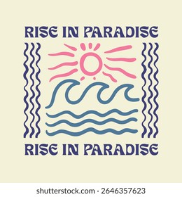 Vintage tropical line art with palm tree, sun, and ocean waves in retro 70s psychedelic style
