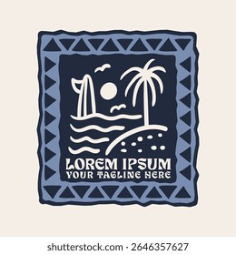 Vintage tropical line art with palm tree, sun, and ocean waves in retro 70s psychedelic style