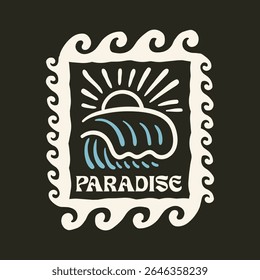 Vintage tropical line art with palm tree, sun, and ocean waves in retro 70s psychedelic style
