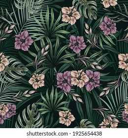 Vintage tropical natural seamless pattern with blooming hibiscus flowers and exotic leaves vector illustration