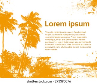 Vintage Tropical Ocean Beach with Orange Palm Tree Retro Style Design Card Copy Space Vector Illustration