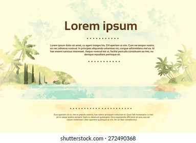 Vintage Tropical Ocean Beach with Palm Tree Retro Style Design Card Copy Space Vector Illustration