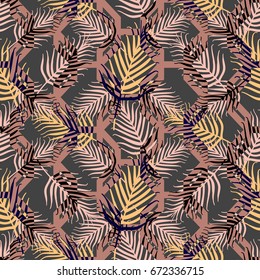 Vintage tropical palm leaf pattern vector seamless with geometric grid texture. Abstract trendy nature background. Exotic print design for spa wallpaper, fashion fabric or cosmetic package.