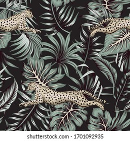 Vintage tropical palm leaves, cheetah running wildlife animal floral seamless pattern black background. Exotic jungle wallpaper.