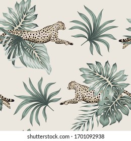 Vintage tropical palm leaves, cheetah running wildlife animal floral seamless pattern ivory background. Exotic jungle wallpaper.