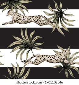 Vintage tropical palm leaves, cheetah running wildlife animal floral seamless pattern striped background. Exotic jungle wallpaper.