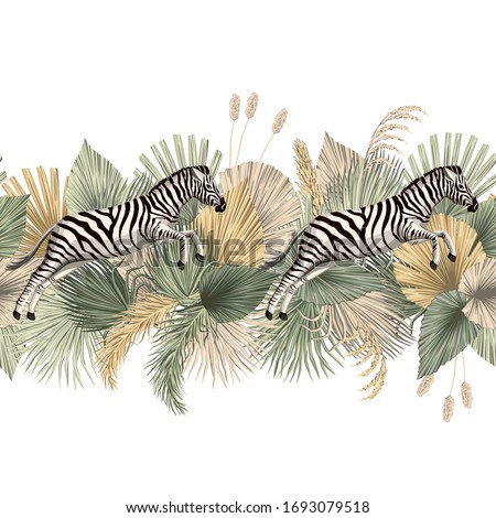 Vintage tropical palm leaves, zebra animal floral seamless border white background. Exotic safari wallpaper.