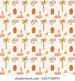 Vintage tropical palm summer beach seamless pattern. Flamingo inflatable lap, surfboard fin, diving mask snorkel, french fries wallpaper background