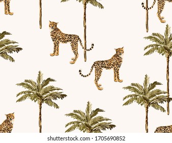 Vintage tropical palm trees, cheetah wildlife pattern with leapards. Floral seamless pattern on white background. Exotic jungle wallpaper.