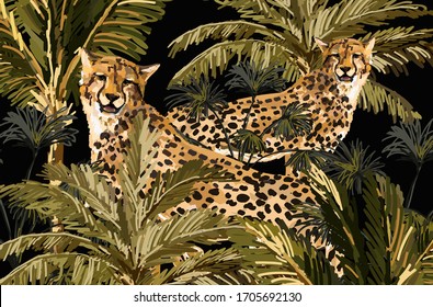 Vintage tropical palm trees, cheetah wildlife illuctration background with leapards. Floral  pattern on black background. Exotic jungle wallpaper.