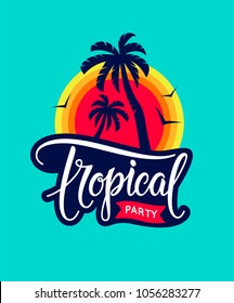 Vintage tropical party emblem with text, palm tree silhouettes, sunset and flying birds - badge, patch and icon. Tropical party concept of invitation, poster, flyer and banner. Vector illustration.