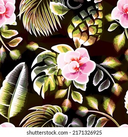 vintage tropical plant leaves seamless pattern with colorful shape on night background. Floral background. jungle wallpaper. repeat design. nature ornament. fashionable print texture. Summer design
