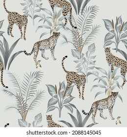 Planta tropical vintage, leopardo, animal de chita floral sin costuras fondo gris patrón. Papel tapiz de la jungla exótica.