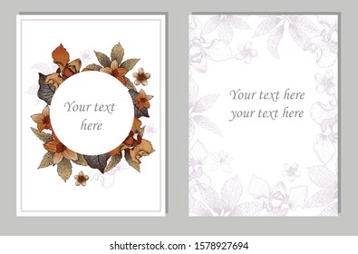 Vintage tropical plants orchids leaves flowers layout for greeting card on a white background. Vector.